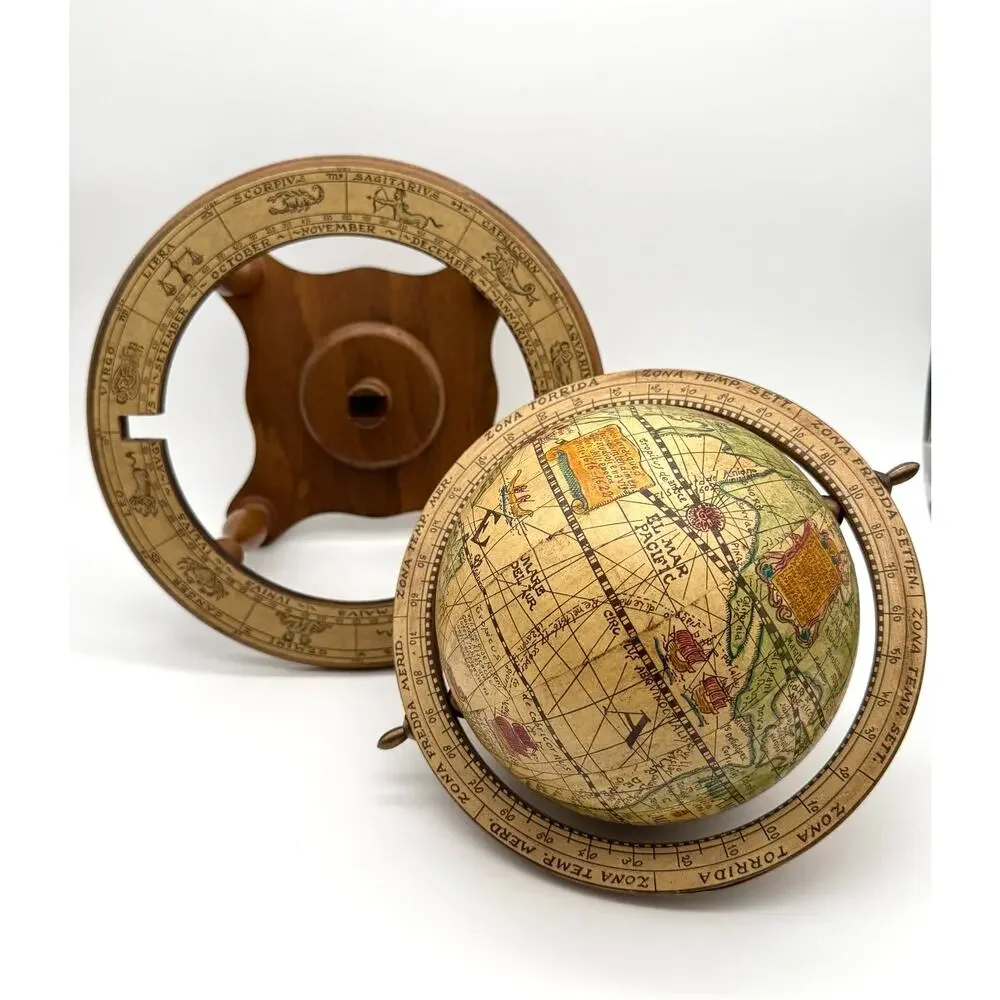 S. M. Olde World Globe Made in Italy Wood Stand Zodiac Vintage MCM Decor 11